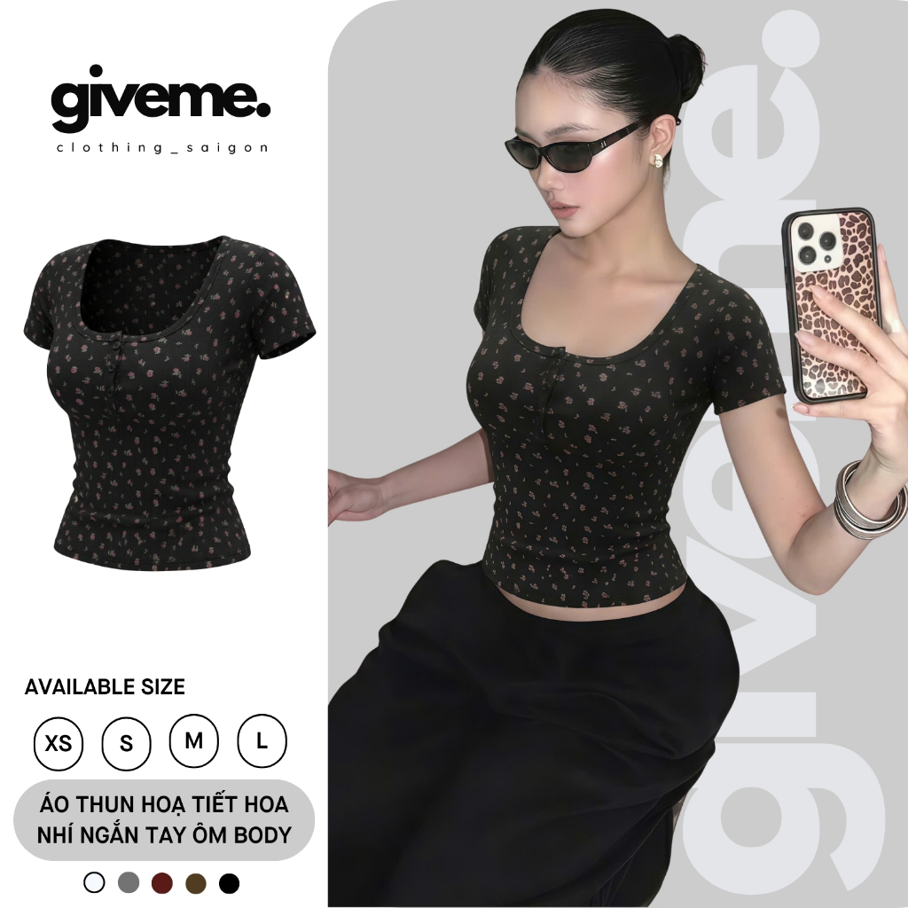 Áo Thun Nữ Cổ U Tay Ngắn In Hoa Nhí Cài Nút Phong Cách Hàn Quốc Chất Thun Tăm Lạnh Ôm Body Bare Give