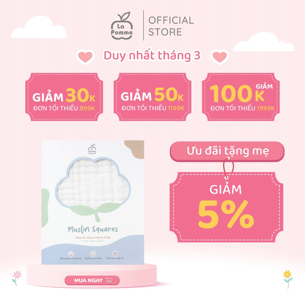 Khăn đa năng Xô Muslin 6 Lớp La Pomme trơn màu (100x100cm)