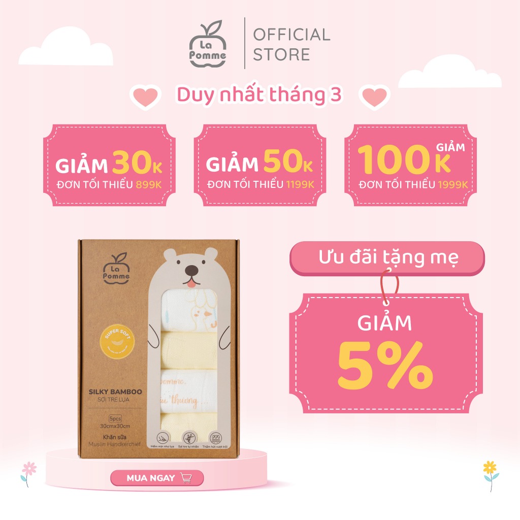 K001 Set 5 Khăn sữa sợi tre lụa La Pomme phối màu (30x30cm) - Yêu con trọn 4 mùa