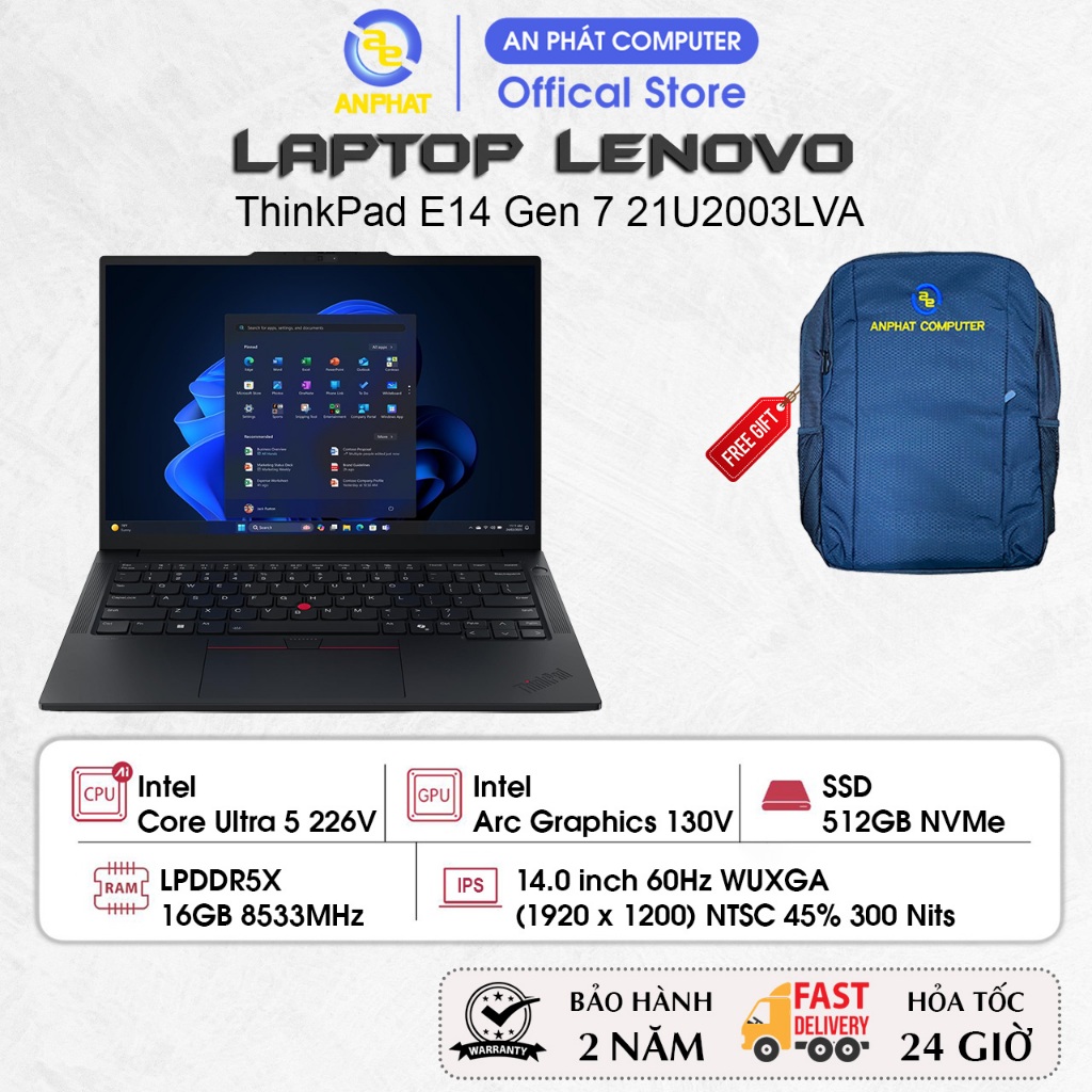 Laptop Lenovo ThinkPad E14 Gen 7 21U2003LVA, Core Ultra 5 226V, 16GB RAM, 512GB SSD, 14.0 FHD+, No O