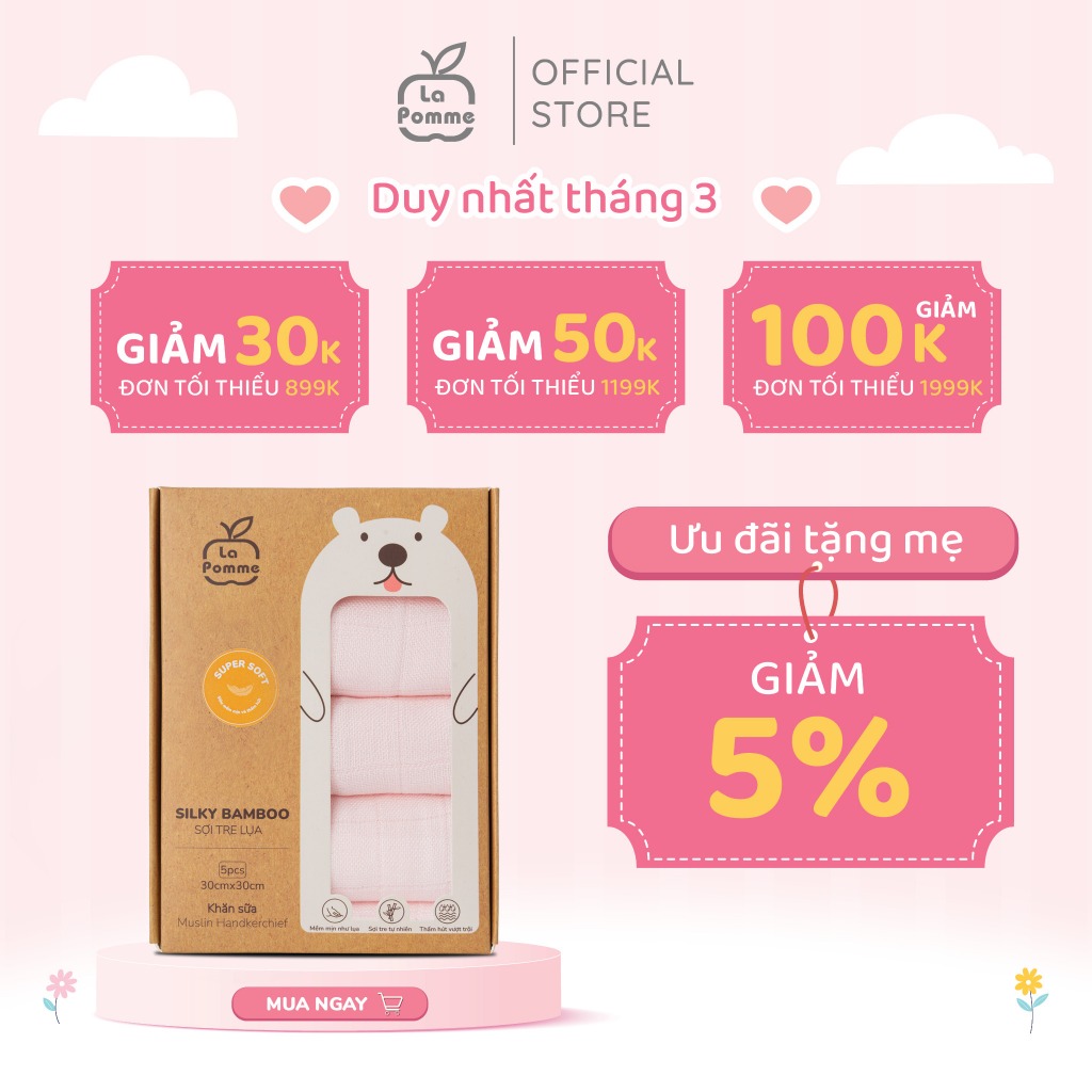 (K001) Set 5 Khăn sữa sợi tre lụa La Pomme (30x30)