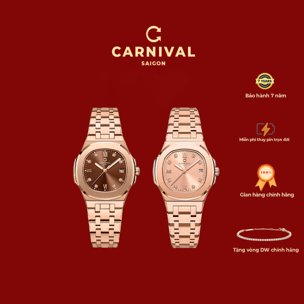 (Chính Hãng) Đồng Hồ Nữ Carnival - 8160L Size 34mm Rose Gold - Bảo Hành 7 Năm