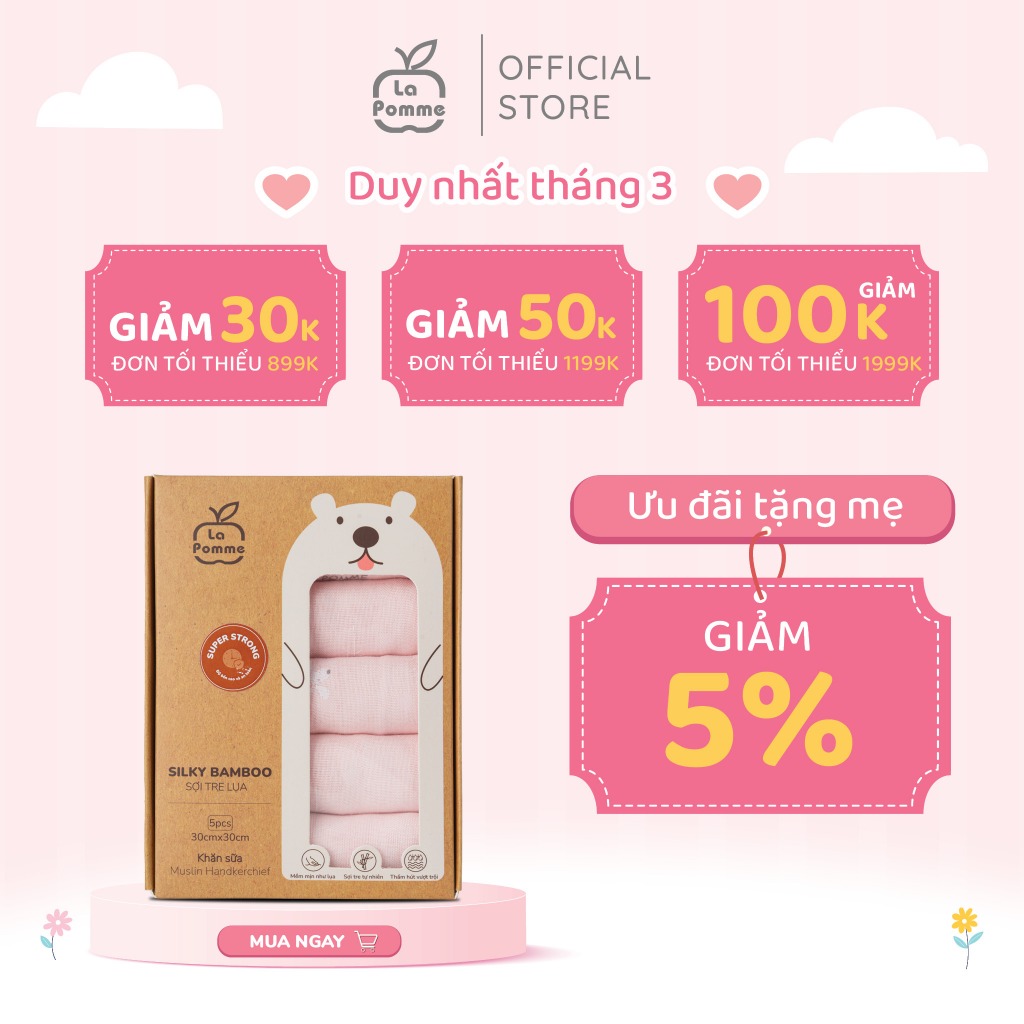 K001 Set 5 khăn sữa sợi tre lụa La Pomme - 30x30cm Hươu