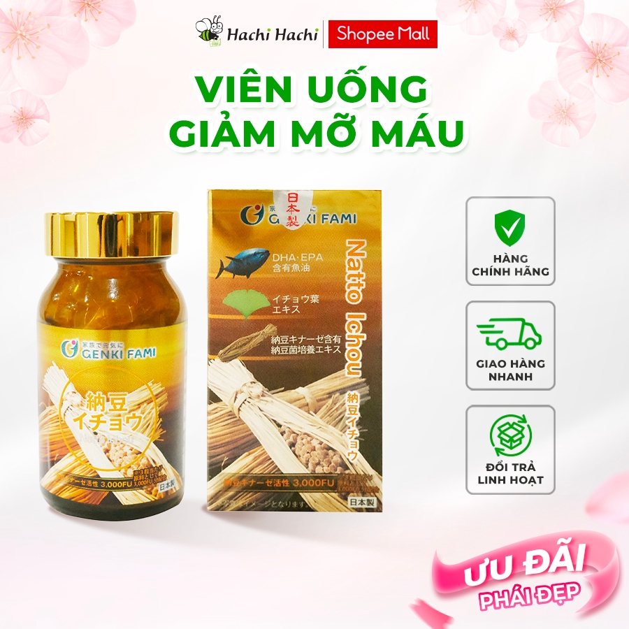 Viên uống Natto Ichou 3000FU 90 viên, Nattokinase giảm mỡ máu, nguy cơ tai biến, đột quỵ