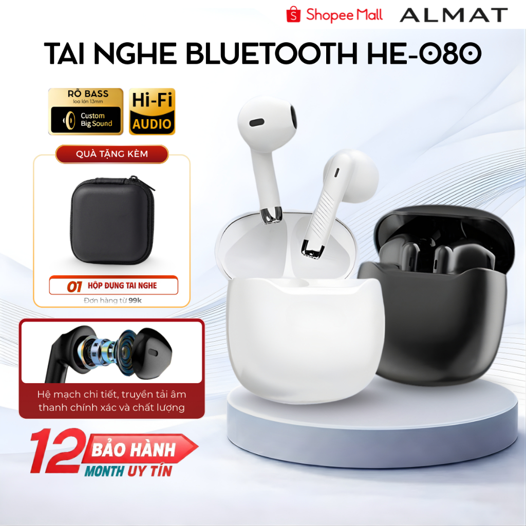 Tai Nghe Bluetooth ALMAT HE-080 Chính Hãng Bluetooth 5.3, Độ Trễ Thấp, Cảm Ứng Thông Minh,Dùng Cho Game & Học Tập