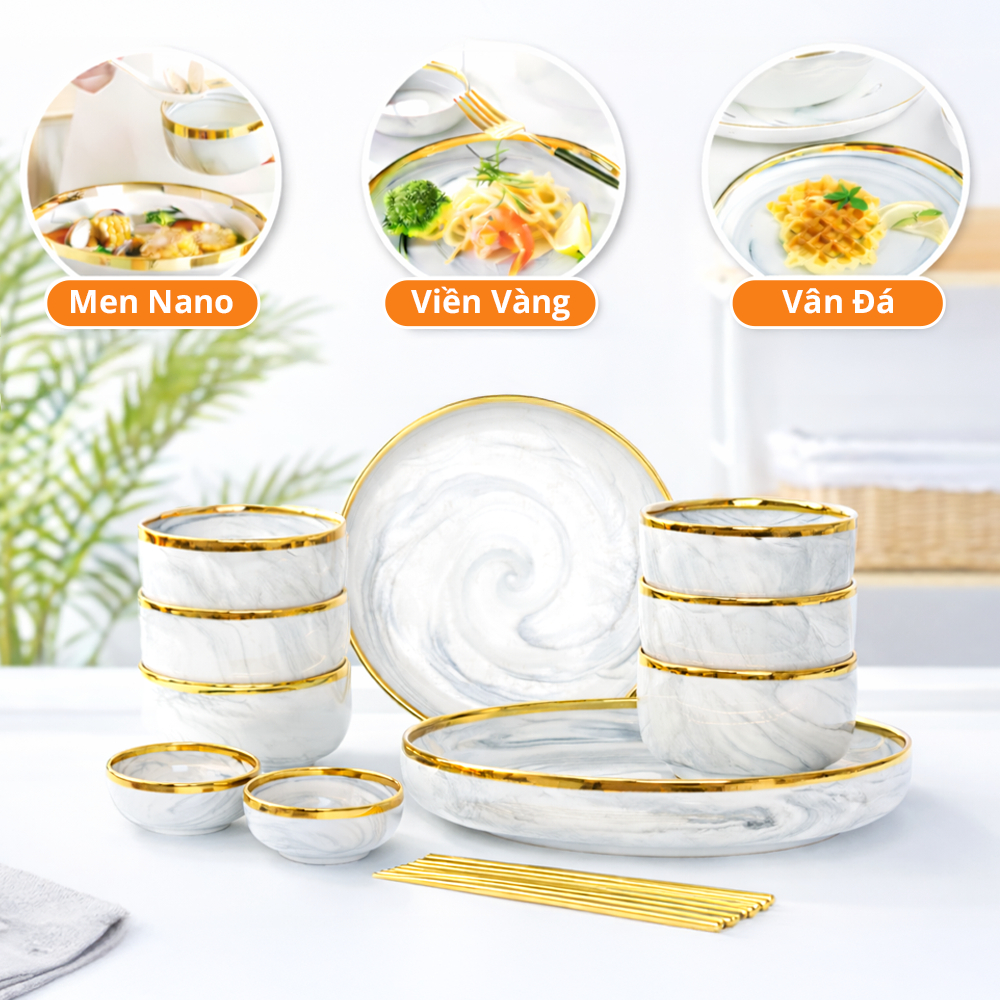 [Tặng Khăn lau] Set Bát Đĩa 16 Món Venko VK-BD18 Viền Mạ Vàng Vân Đá, Sang Trọng Trang Nhã, Bộ Bát Đ