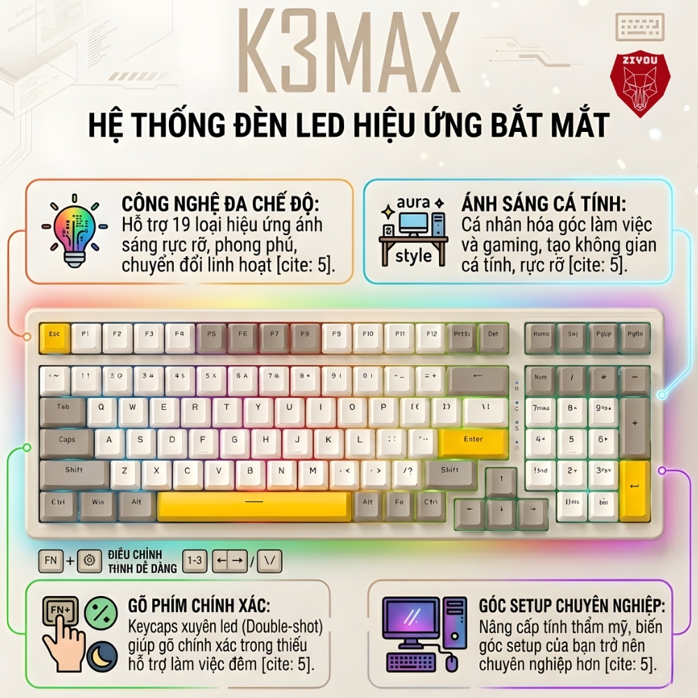 Bàn Phím Cơ Gaming Red Switch Ziyou K3 MAX Led Đổi Màu Nhiều Chế Độ, Dành Cho Máy Tính Laptop PC | BigBuy360 - bigbuy360.vn