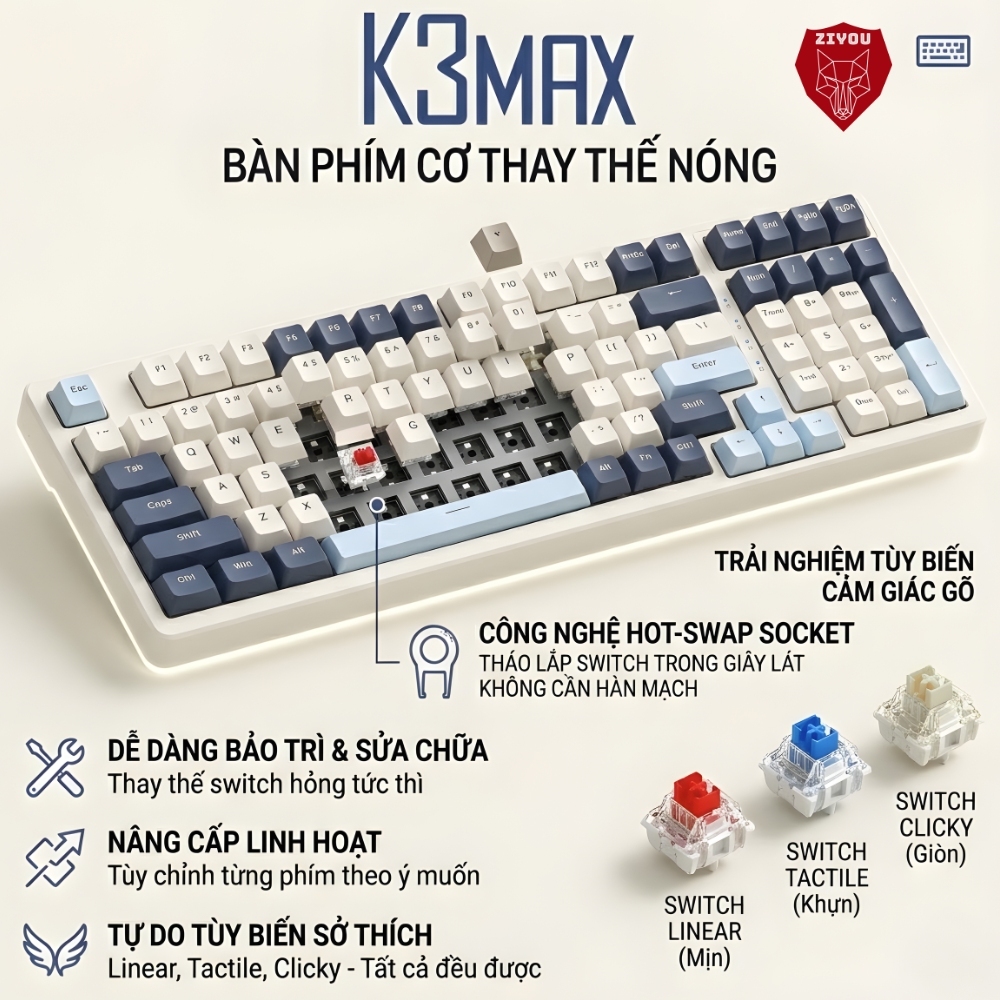 Bàn Phím Cơ Gaming Red Switch Ziyou K3 MAX Led Đổi Màu Nhiều Chế Độ, Dành Cho Máy Tính Laptop PC | BigBuy360 - bigbuy360.vn