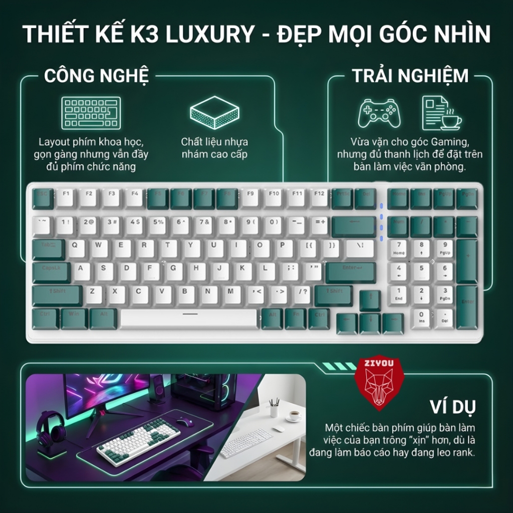 Bàn Phím CƠ ZIYOU K3 Luxury Cao Cấp, Phím Gõ Êm Sử Dụng Trục Cơ Red Switch, Led 16.5 Triệu Màu | BigBuy360 - bigbuy360.vn