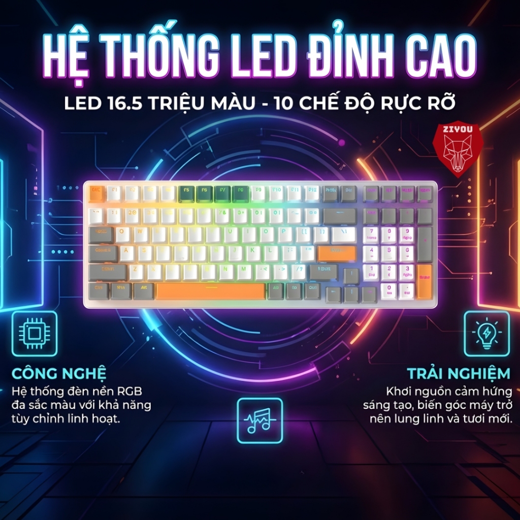 Bàn Phím CƠ ZIYOU K3 Luxury Cao Cấp, Phím Gõ Êm Sử Dụng Trục Cơ Red Switch, Led 16.5 Triệu Màu | BigBuy360 - bigbuy360.vn