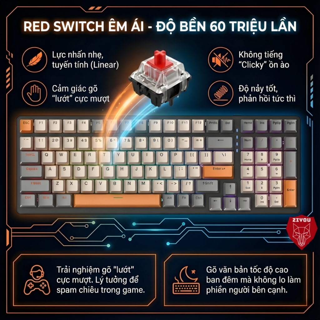 Bàn Phím CƠ ZIYOU K3 Luxury Cao Cấp, Phím Gõ Êm Sử Dụng Trục Cơ Red Switch, Led 16.5 Triệu Màu | BigBuy360 - bigbuy360.vn