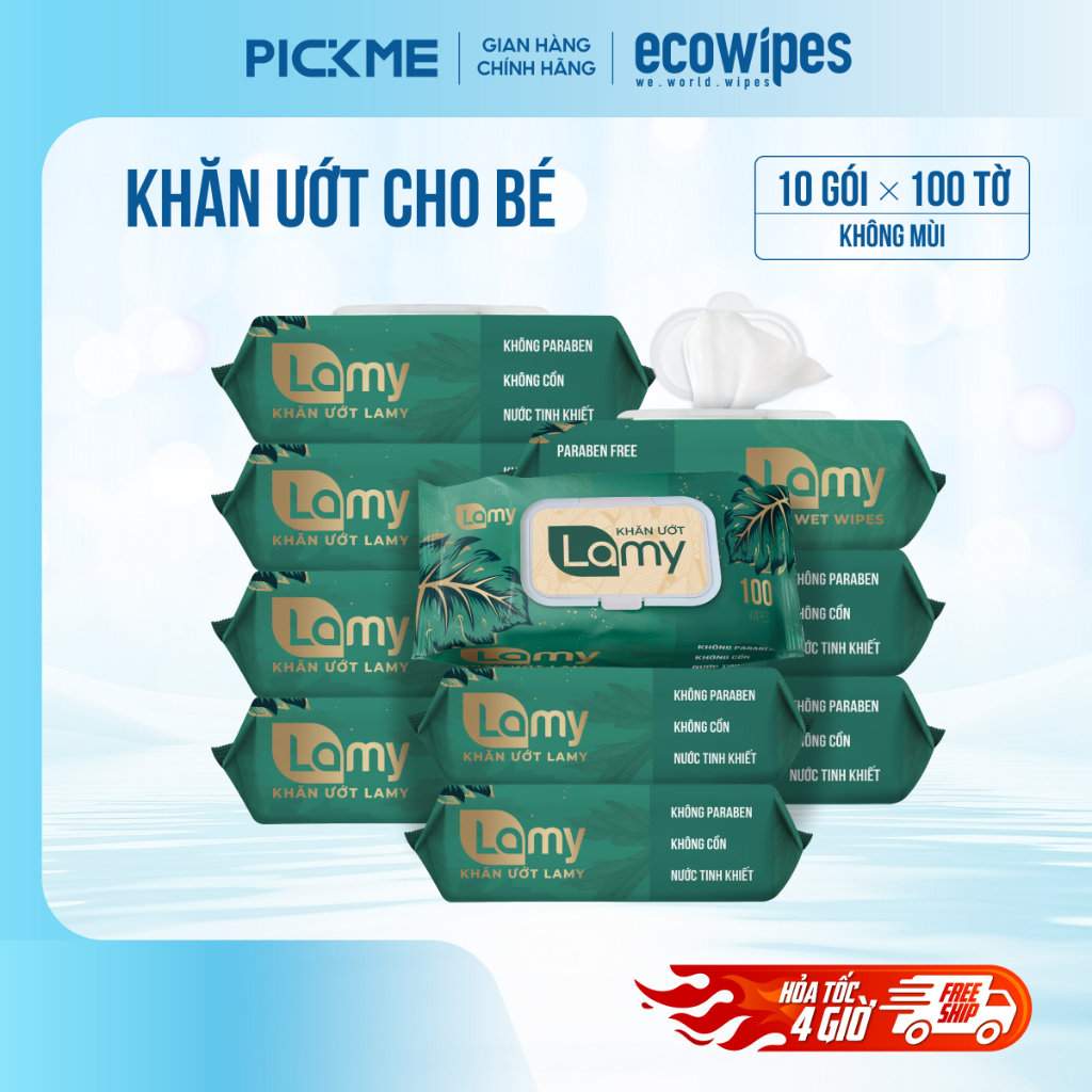 PICKME CARE FAMILY_Thùng 10 gói khăn ướt cho bé Lamy gói 100 tờ không mùi không paraben