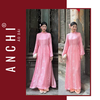 ANCHI - Áo Dài Nguyên Vân Dáng Dài Chiết Ly Sau, Chất Vải Gấm Tơ Cao Cấp Tông Màu Hồng Dễ Mặc