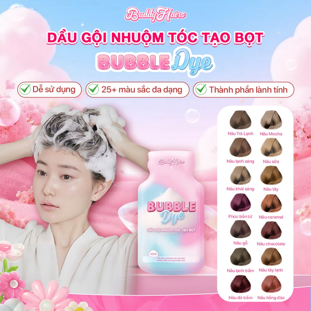 Dầu gội nhuộm tóc tạo bọt, thuốc nhuộm tóc tạo bọt Bubble Dye 25+ màu nhuộm đa dạng chiết xuất lành tính | Buddyhairs