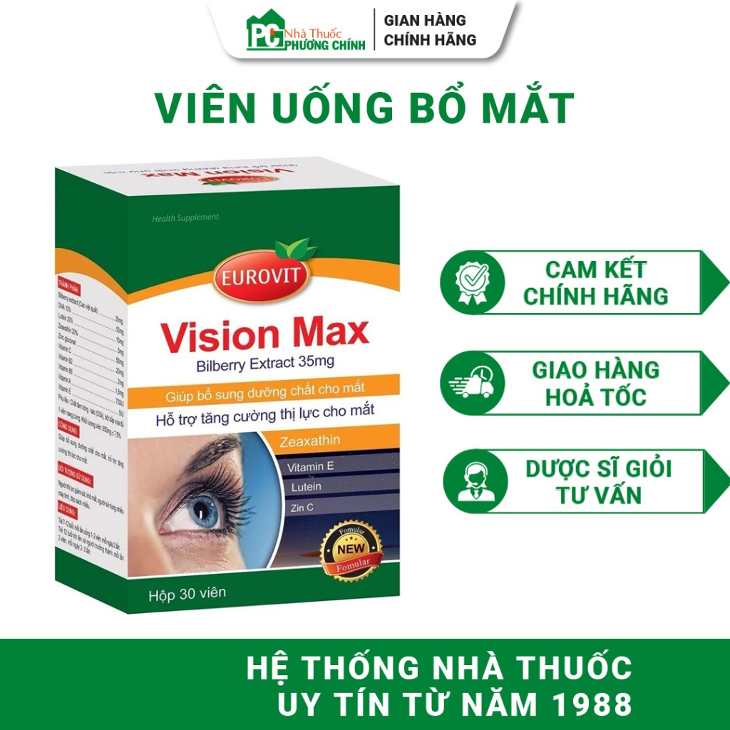 Viên Uống Bổ Mắt Eurovit Vision Max Giúp Mắt Sáng Khỏe, Tăng Cường Thị Lực 30 Viên/Hộp