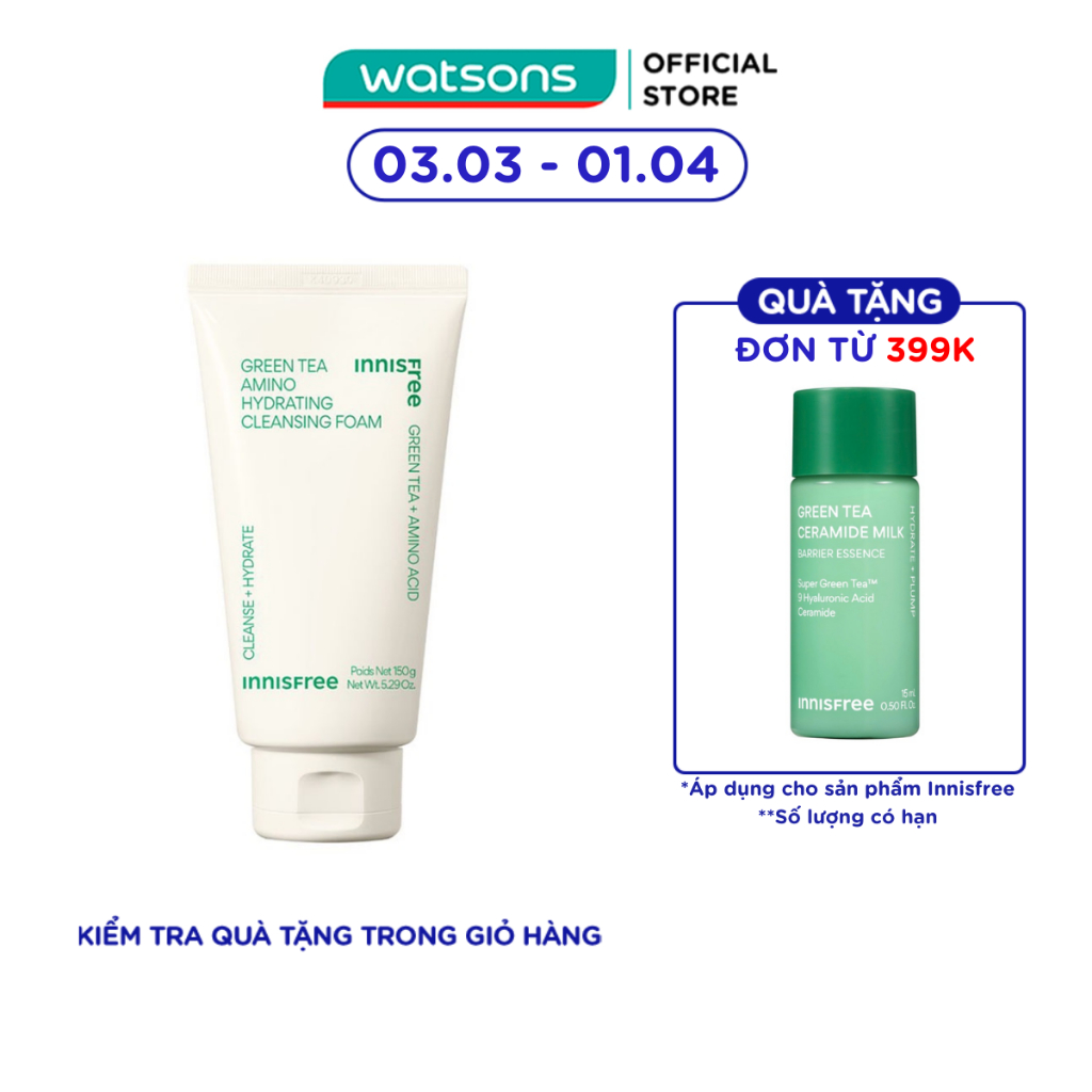 Sữa Rửa Mặt Dưỡng Ẩm innisfree Green Tea Amino Cleansing Foam 150g