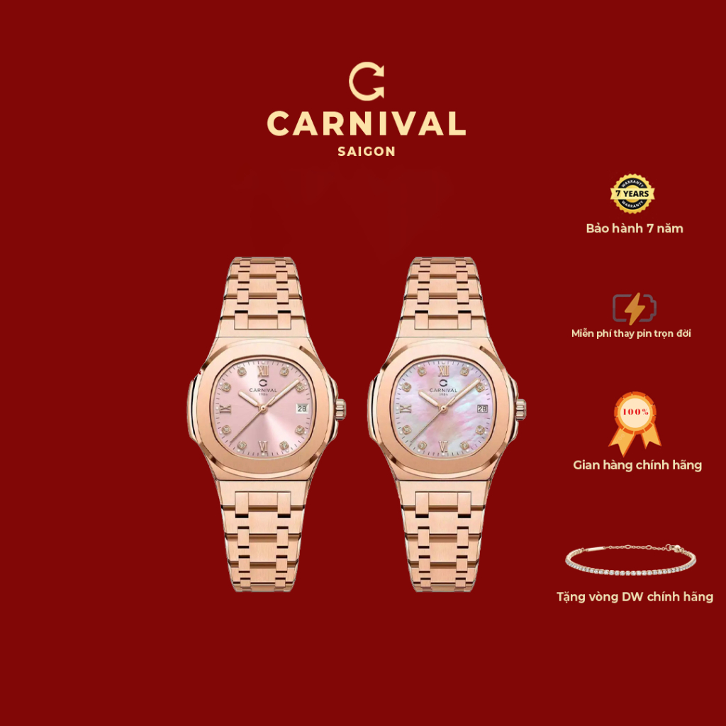 (Chính Hãng) Đồng Hồ Nữ Carnival - 8160L Size 34mm Rose Gold Mặt Hồng - Bảo Hành 7 Năm