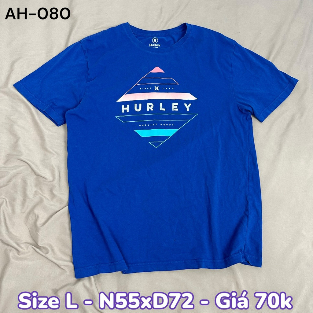 Hurley Graphic – Size L – 70k Form 55x72 rộng thoải mái, áo xanh dương logo Hurley nổi bật, thể thao