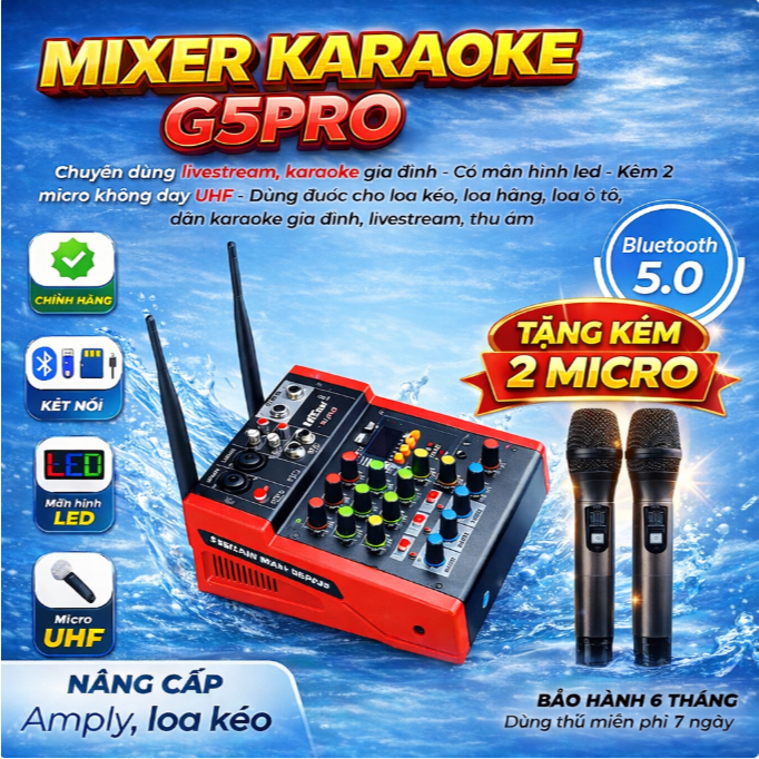 Mixer Karaoke G5Pro Tặng 2 Micro Không Dây UHF ,Bluetooth 5.0 Chip DSP Echo Reverb , Dùng Livestream