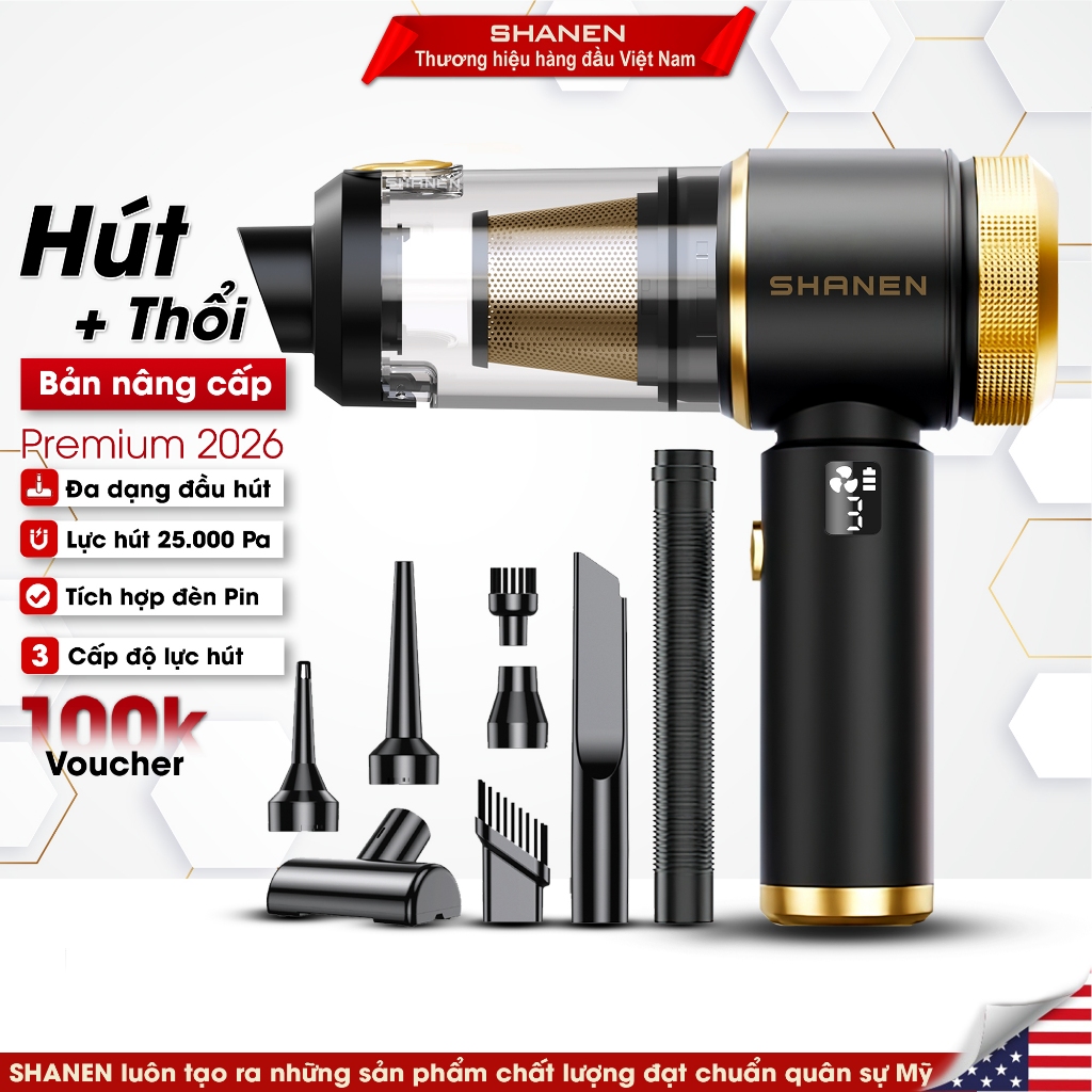 Máy hút bụi cầm tay SHANEN, Hút thổi bụi đa năng, 3 cấp độ hút, Đèn Pin tiện lợi, Bảo hành 12 tháng