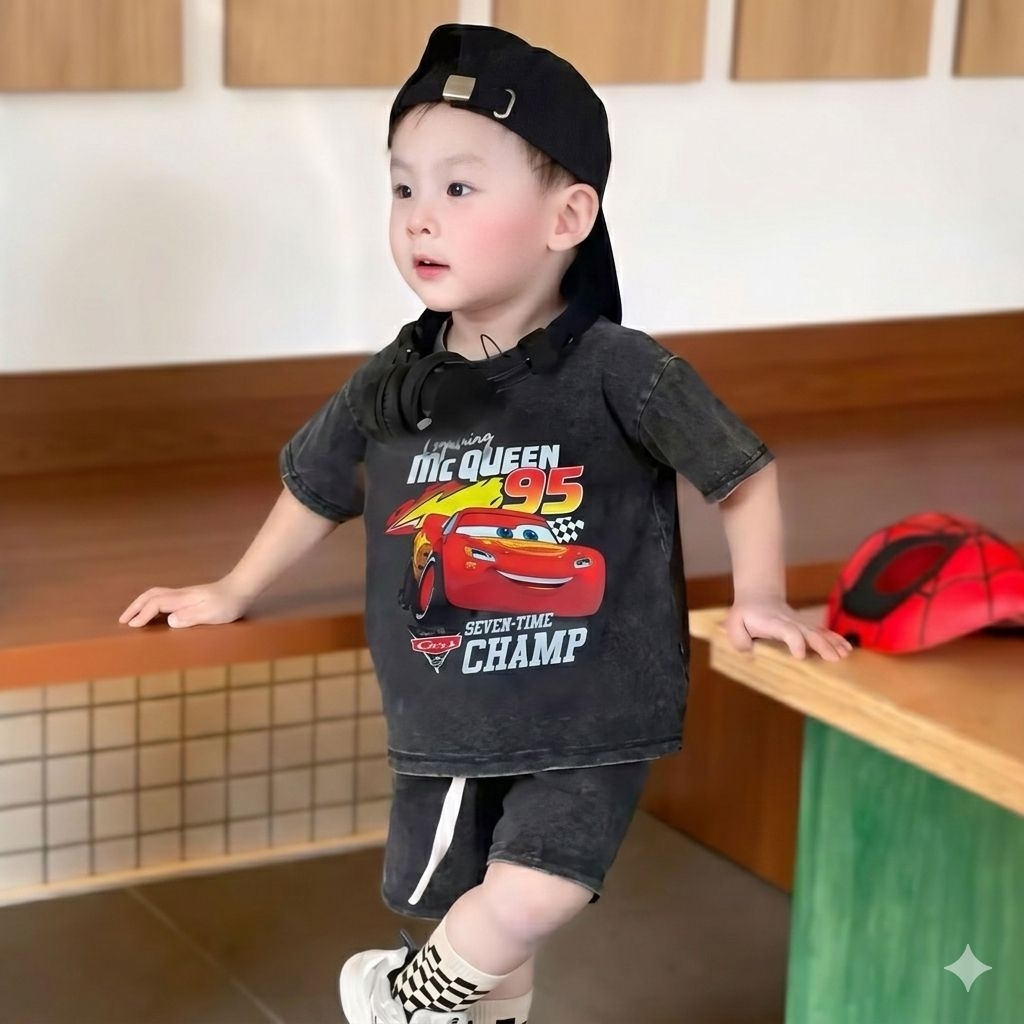 Bộ cộc tay bản loang họa tiết ôtô Mc Queen 95 cho bé trai đi chơi đi học