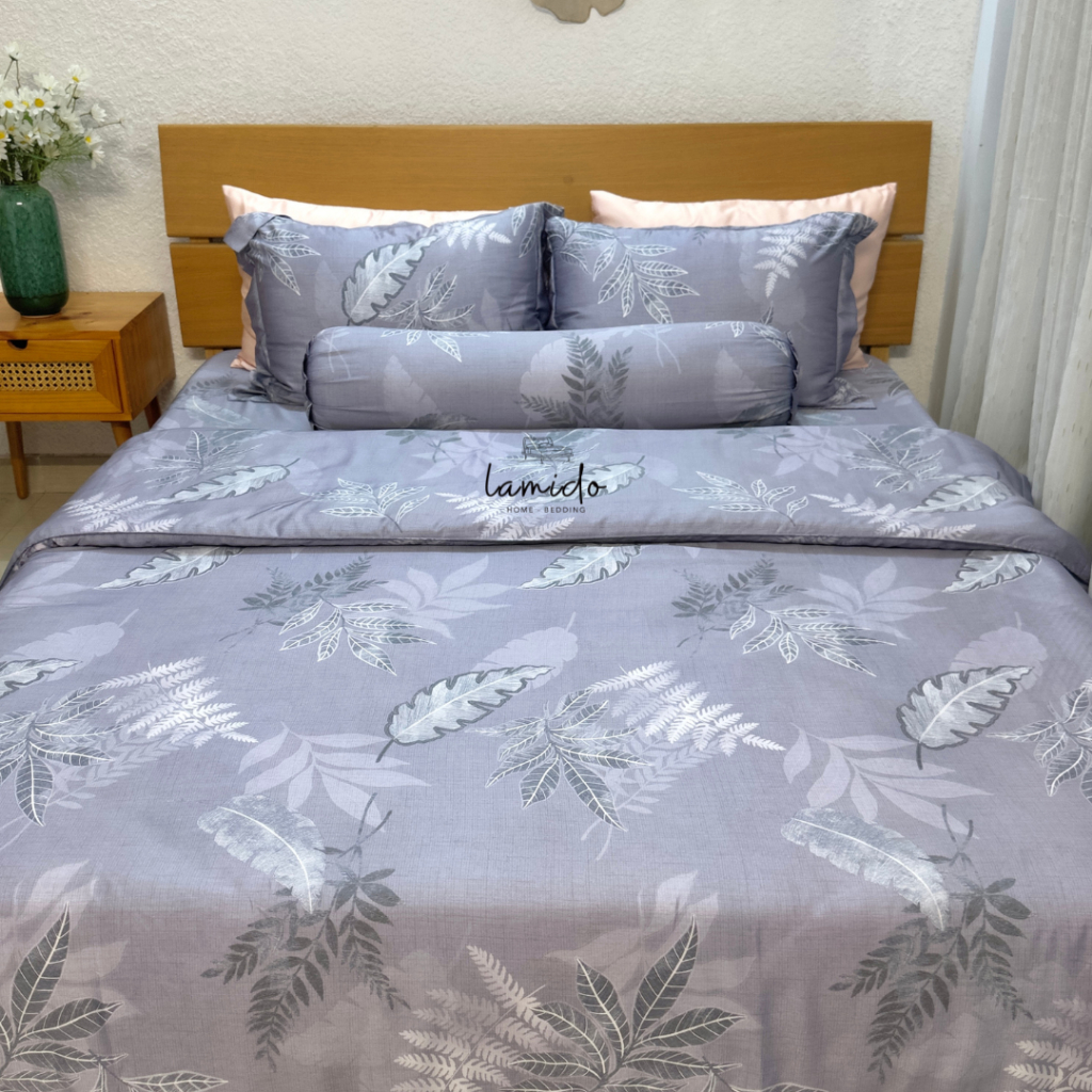 Vải lụa tencel cao cấp LAMIDO mẫu Lá Xám Chì khổ 2m5, chuyên dùng may ga gối giá sỉ