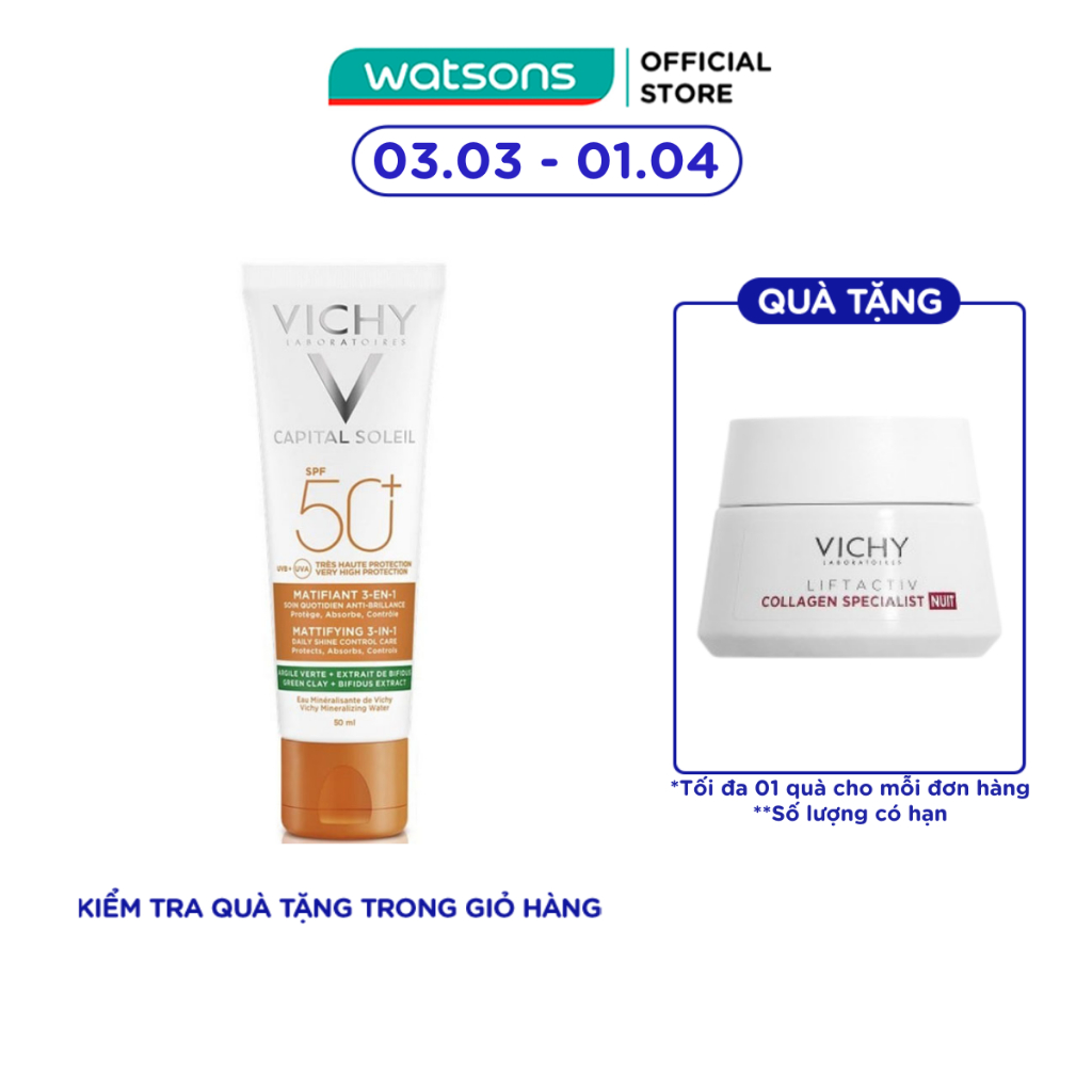 Kem Chống Nắng Vichy Capital Soleil SPF50+ UVB UVA Mattifying 3In1 Chống Ô Nhiễm & Bụi Hàng Ngày 50m