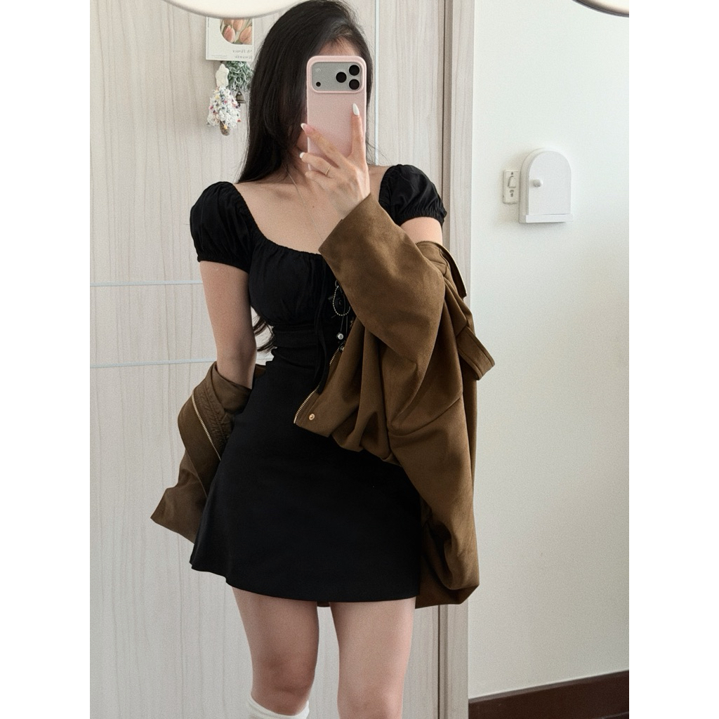 (Hàng có sẵn) ĐẦM ĐEN ÔM TAY PHỒNG BO CHUN ĐƠN GIẢN - Ảnh thật