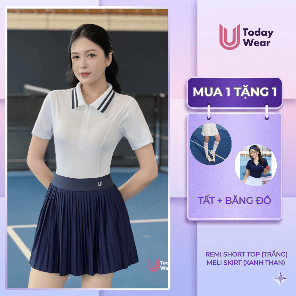 [TẶNG COMBO PHỤ KIỆN] Set bộ đồ thể thao nữ áo Remi Short trắng mix chân váy Meli Skirt xanh Today U Wear năng động