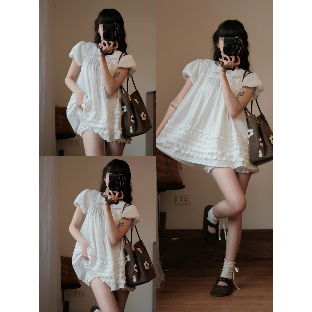 Áo Váy Babydoll Hari Cổ Sen 2 Lớp Form Rộng Gấu Viền Bèo Bo Chun | BigBuy360 - bigbuy360.vn
