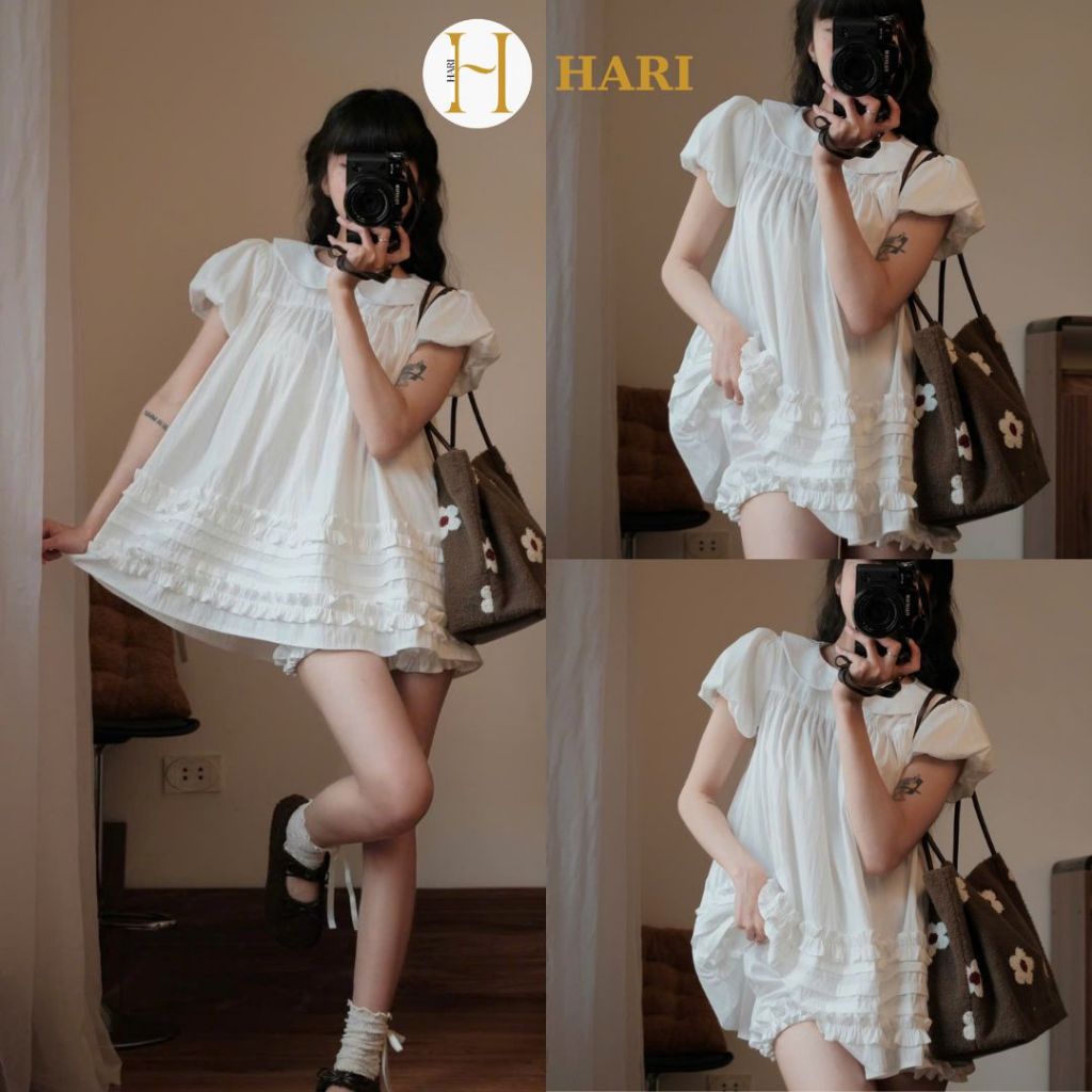 Áo Váy Babydoll Hari Cổ Sen 2 Lớp Form Rộng Gấu Viền Bèo Bo Chun | BigBuy360 - bigbuy360.vn
