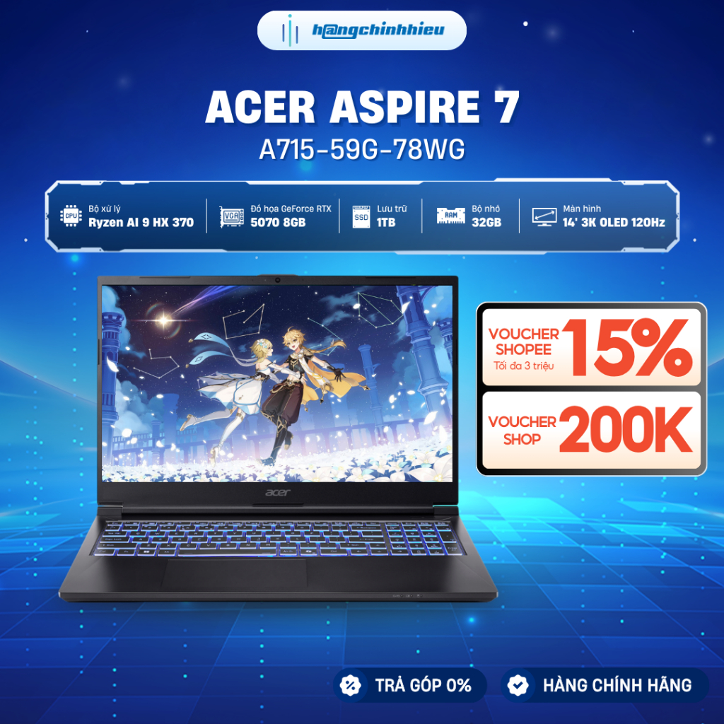 Laptop Gaming Acer Aspire 7 A715-59G-78WG  Chip i7-13620H | RTX™ 3050 6GB | 16GB | 512GB | 15.6' | W