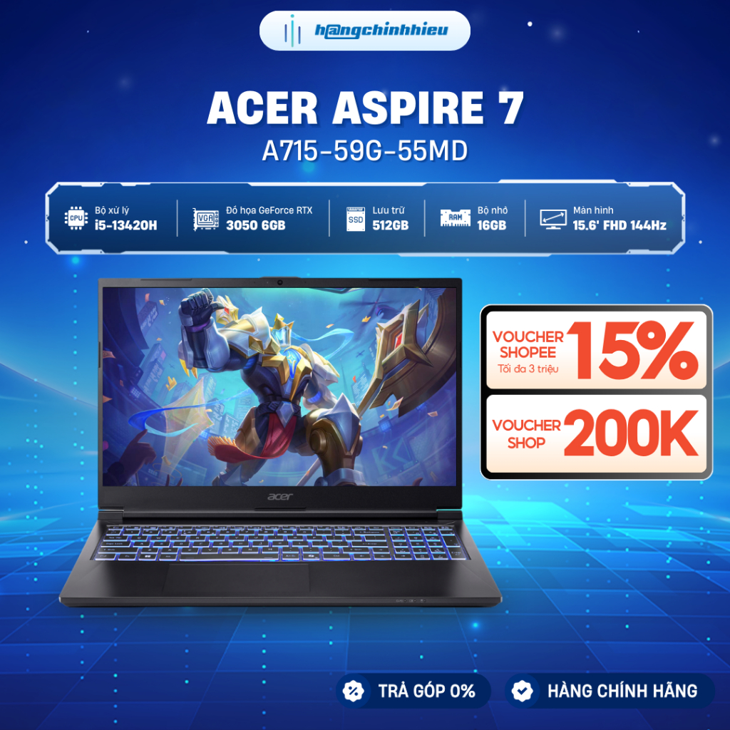 Laptop Gaming Acer Aspire 7 A715-59G-55MD Chip i5-13420H / RTX™ 3050 6GB /16GB/ 512GB/ 15.6' FHD 144