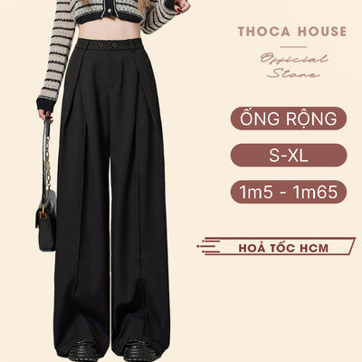 Quần tây nữ ống siêu rộng xếp ly lưng thun THOCA HOUSE hot trend phối đồ thời thượng công sở