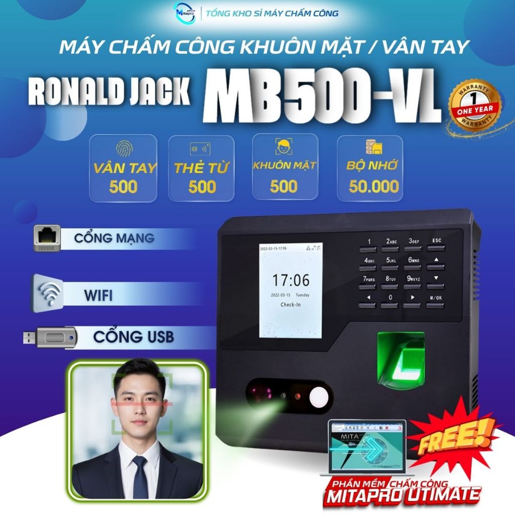 RONALD JACK MB500 VL WIFI, máy chấm công khuôn mặt kết nối wifi , sử dụng đơn giản phù hợp cho số lư