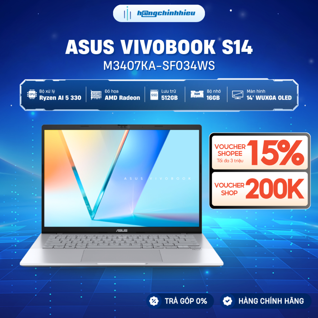 [Tặng Office Home 2024] Laptop văn phòng ASUS VivoBook S14 M3407KA-SF034WS Chip Ryzen AI 5 330 / 16G