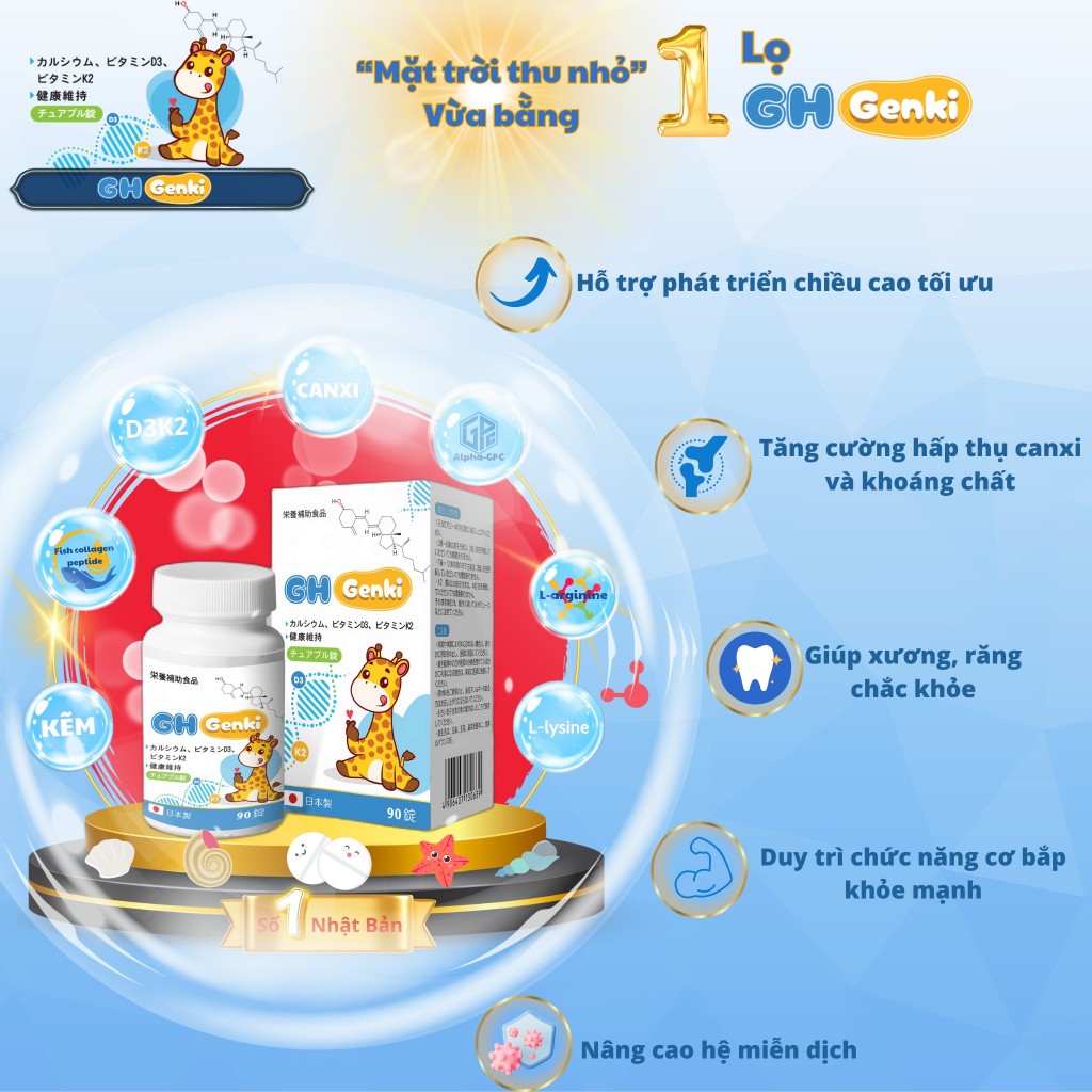 Viên nhai Canxi hỗ trợ tăng chiều cao GH GENKI Nhật Bản. Bổ sung canxi, vitamin D3, hộp 90 viên