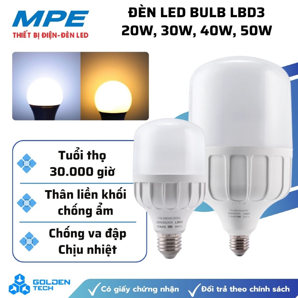 [MPE] Bóng đèn LED Bulb trụ đui E27 20W, 30W, 40W, 50W Ánh sáng trắng, vàng