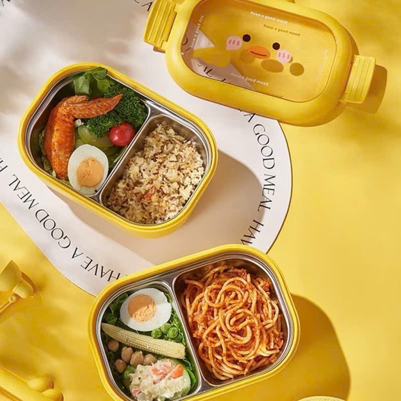 Hộp Cơm Inox 304 2 Ngăn Hình Vịt Vàng Có Nắp Khóa 2 Chiều – Lunch Box Giữ Nhiệt Cho Bé & Dân Văn Phò