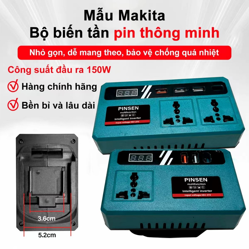 Bộ biến tần nguồn pin lithium Pinsen Makita 18V/21V sang AC 220V 150W, sạc nhanh USB/Type-C, pin dự 