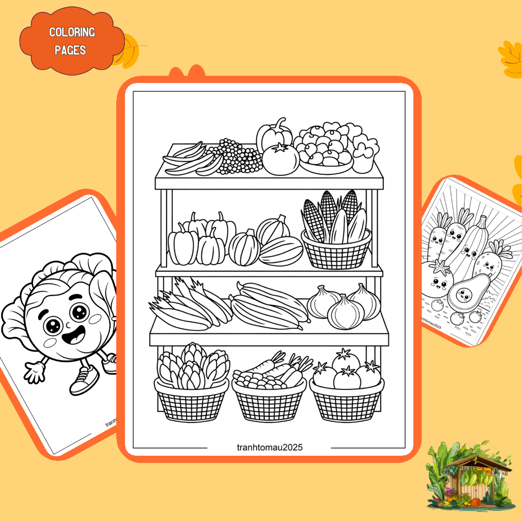 Bộ 50/25/10 tờ tranh tô màu, tranh tập tô cho bé, hình rau củ Vegetable, giấy A4, A5 dày 160gsm V156