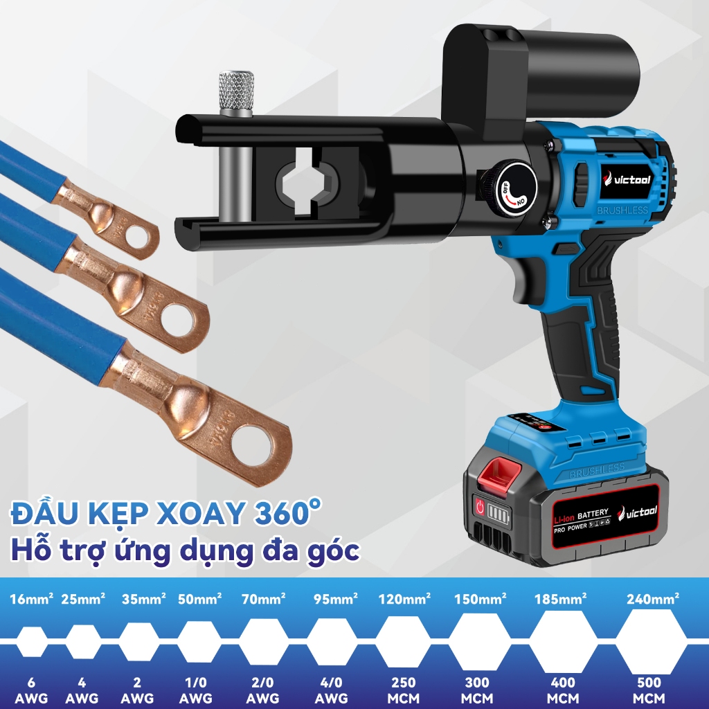 Kìm ép cos thủy lực dùng Pin sạc PapaTools HMQ-240 Kìm ép cos Pin sử dụng cho đầu cáp 16-300mm²