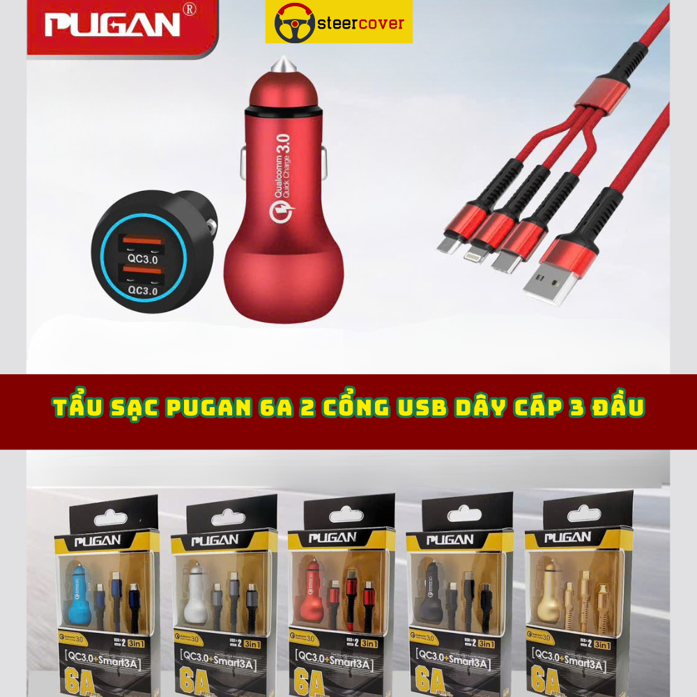 (QC3.0) Tẩu Sạc Pugan 6A Sạc Cực Nhanh Cực Đỉnh Từ 9V-32V Kèm Dây Cáp 3 Đầu 2 Cổng USB
