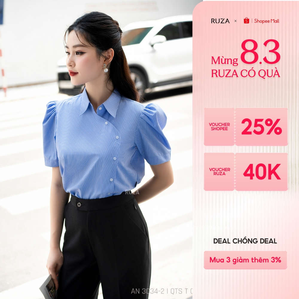 Áo sơ mi nữ RUZA tay ngắn sọc kate tinh tế thời trang công sở AN 3034
