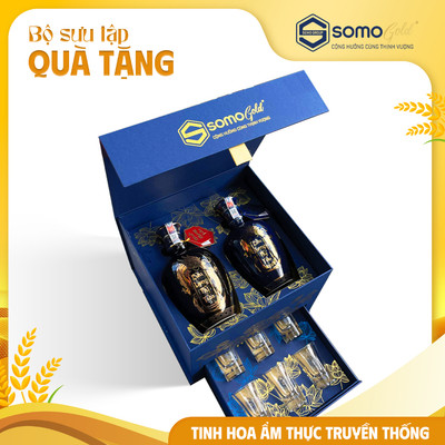 Hộp quà THỊNH VƯỢNG | Minh Mạng Tửu + Hoàng Hoa Tửu - Bình sứ Bát Tràng (500ml & 700ml) + 6 ly 35ml