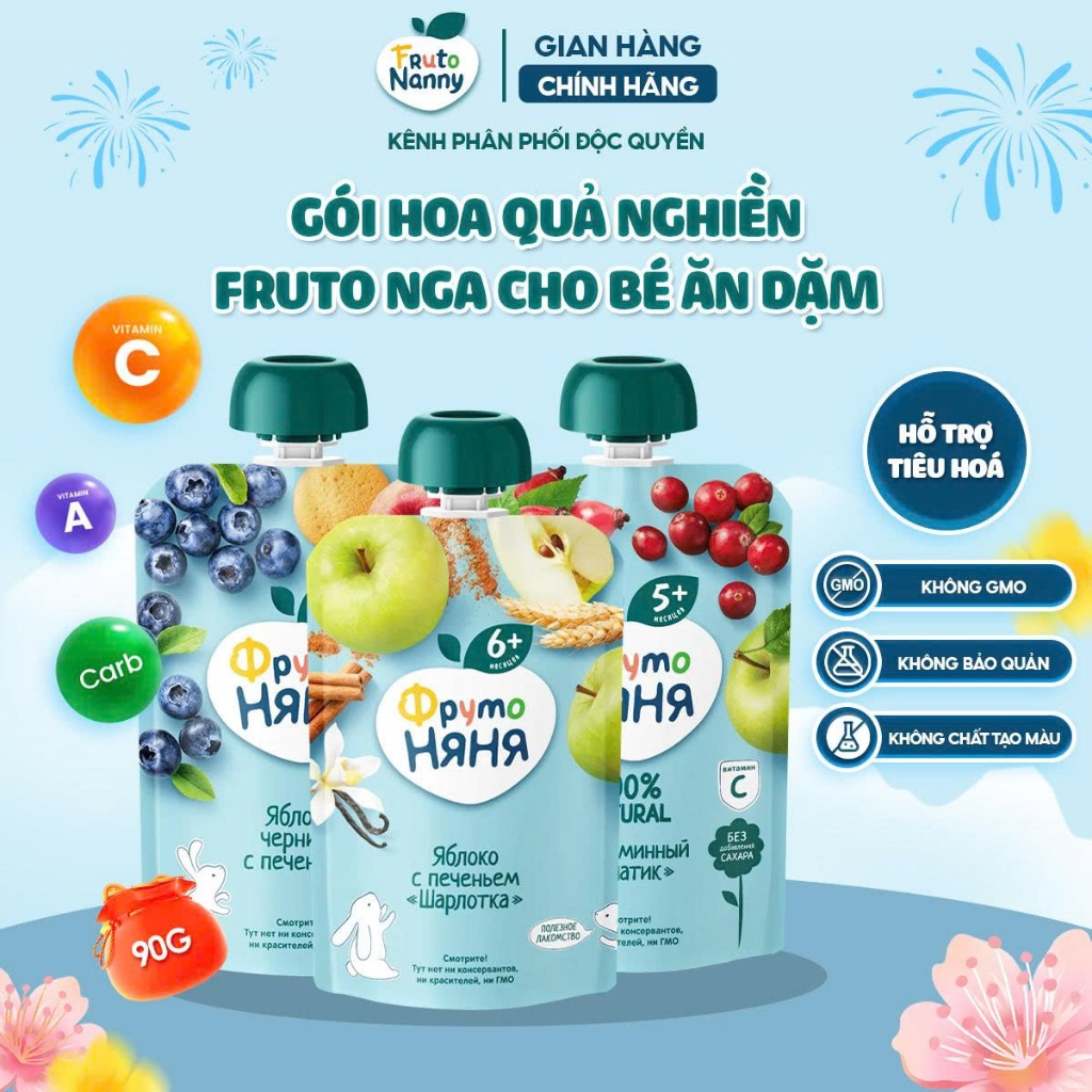 Hoa Quả Nghiền FRUTO Hữu Cơ Bổ Sung Vitamin Cho Bé Từ 6 Tháng - 90g Date T4 T5/26
