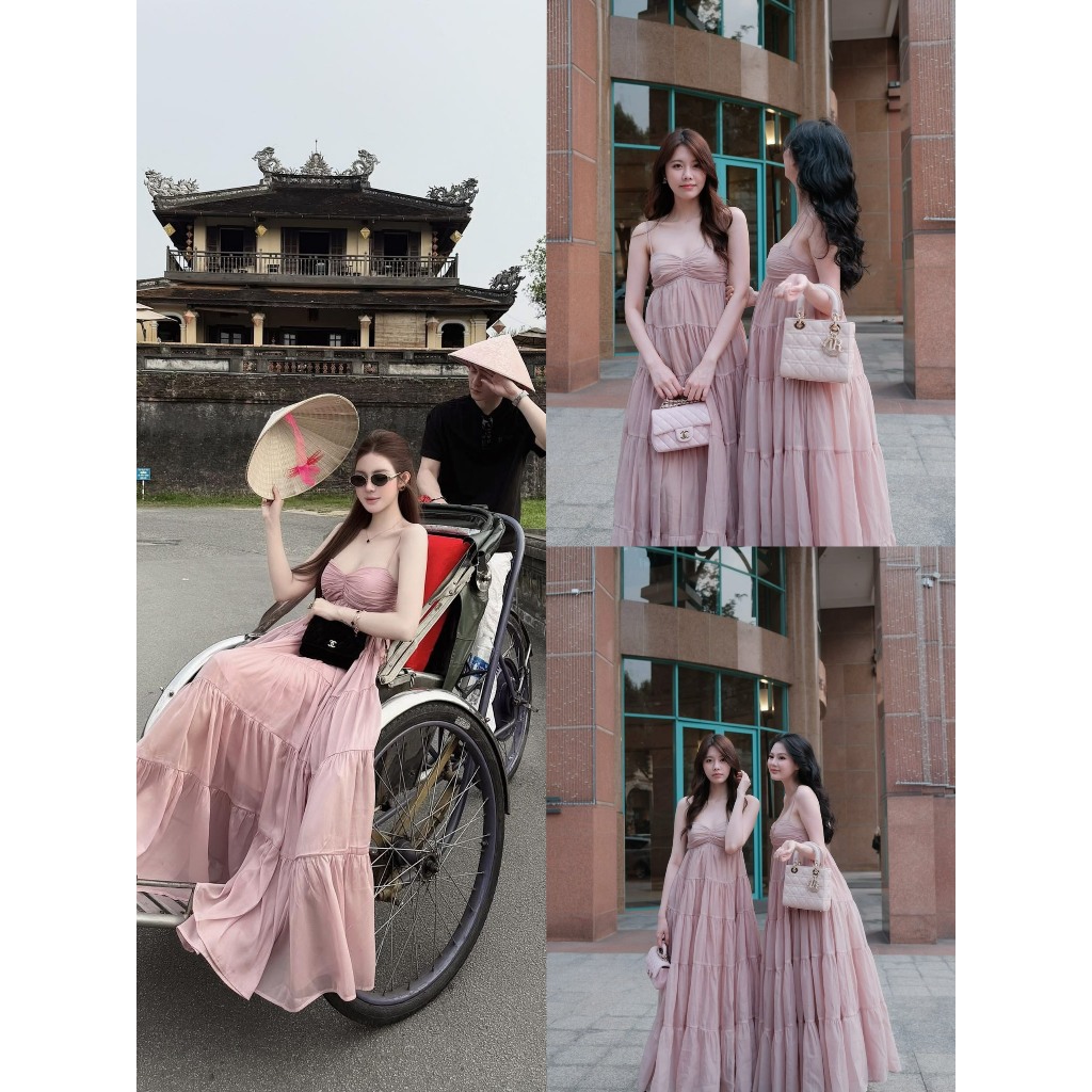 TRENDY- ĐẦM VÁY HAI DÂY DÁNG MAXI HỒNG MPB, VÁY HAI DÂY HỒNG HỒNG