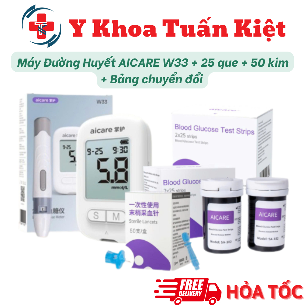 ✅ Máy Đo Đường Huyết AICARE W33 + 25 que + 50 kim + Bảng chuyển đổi