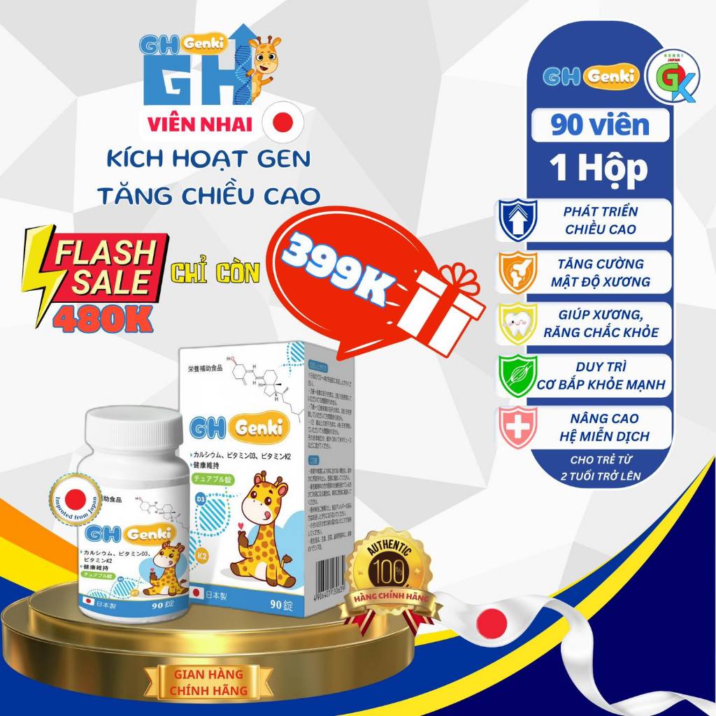 Viên nhai Canxi giúp tăng chiều cao GH Genki Nhật Bản, Xương chắc, răng khỏe và chiều cao vượt trội
