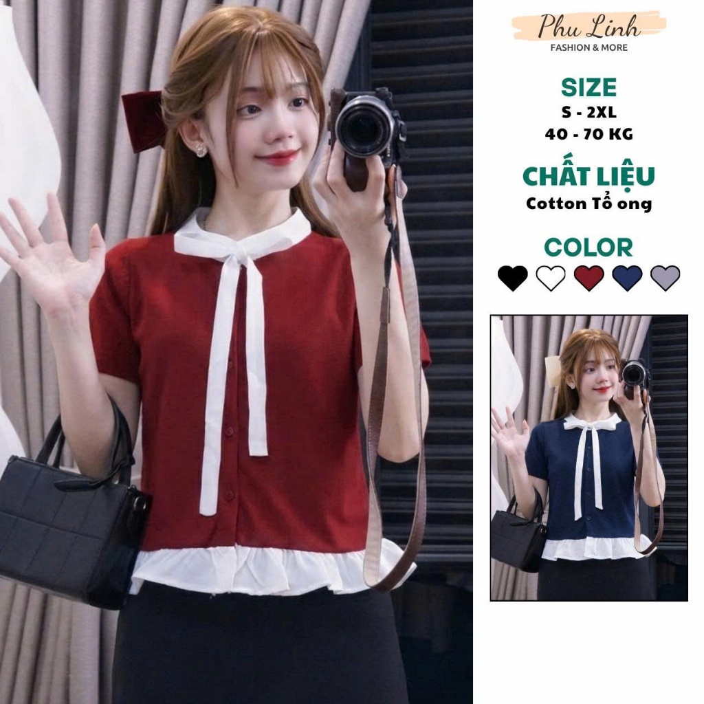 MS056 Áo sơ mi nữ cộc tay gấu bèo xinh xắn, chất liệu cotton tổ ong thoáng mát | BigBuy360 - bigbuy360.vn